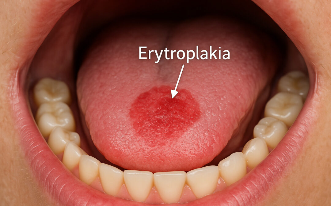 Erytroplakia – czerwona plama na języku, typowa zmiana przedrakowa jamy ustnej wymagająca biopsji i diagnostyki