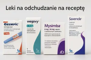 Opakowania leków na odchudzanie dostępnych na receptę w Polsce: Ozempic, Wegovy, Mysimba i Saxenda, ułożone na jasnym tle z napisem „Leki na odchudzanie na receptę”
