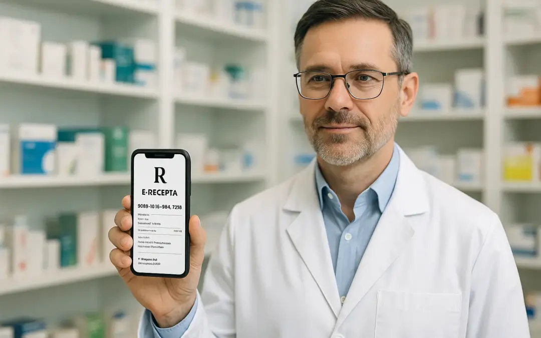 Farmaceuta w białym kitlu podaje lek pacjentowi przy ladzie aptecznej – ilustracja realizacji e-recepty przez internet