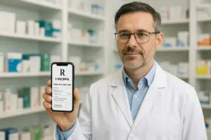 Farmaceuta w białym kitlu podaje lek pacjentowi przy ladzie aptecznej – ilustracja realizacji e-recepty przez internet