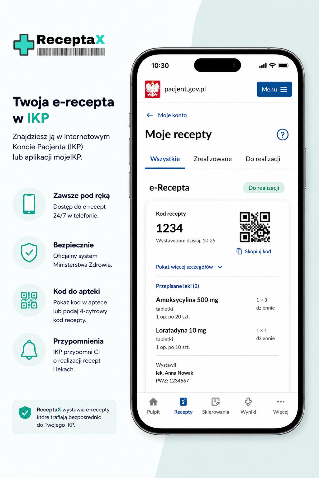 Telefon z widokiem listy aktywnych e-recept w Internetowym Koncie Pacjenta (IKP) — narzędzie Ministerstwa Zdrowia integrujące wszystkie e-recepty pacjenta