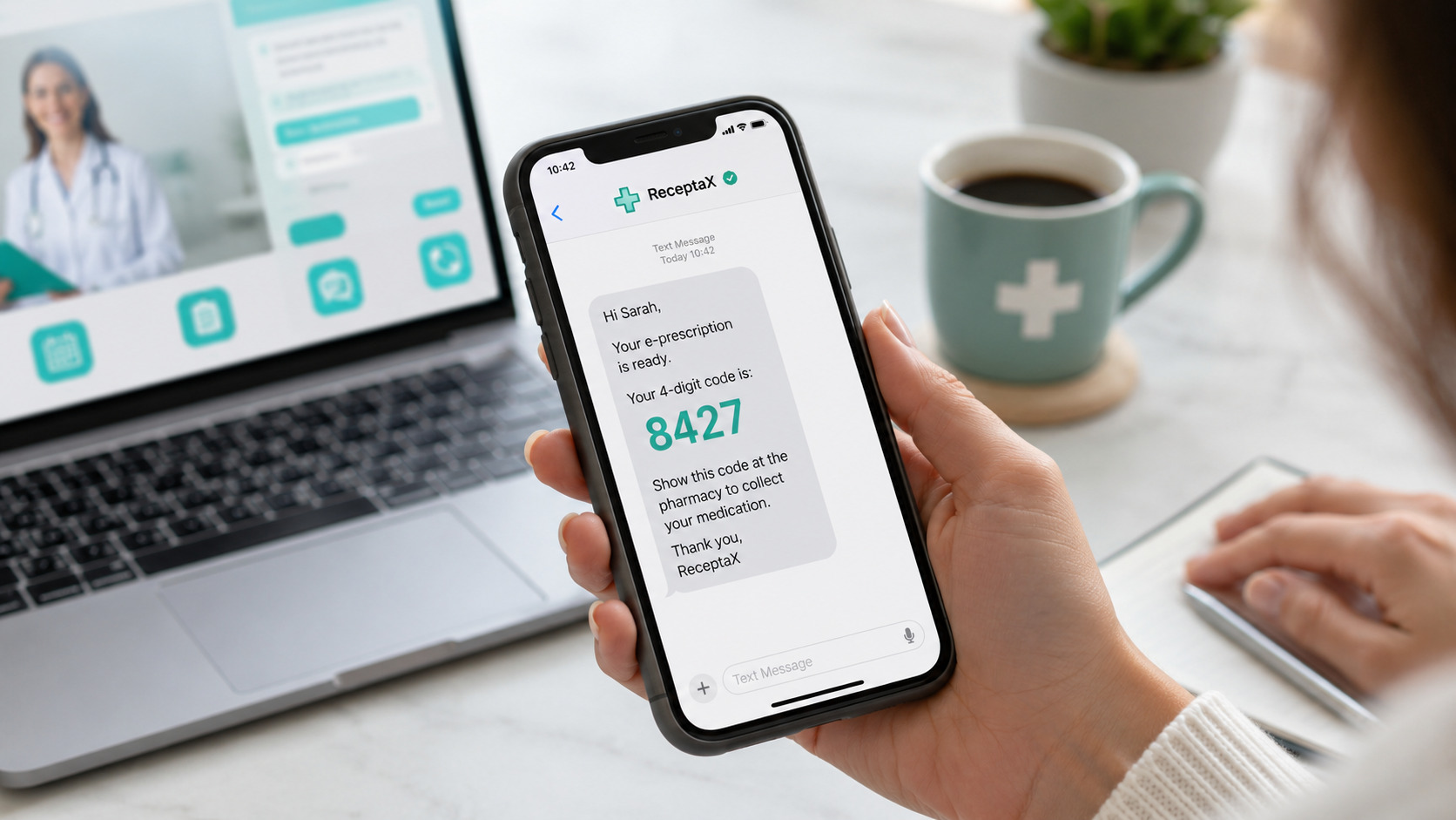 Smartfon z wiadomością SMS zawierającą czterocyfrowy kod e-recepty wystawionej po teleporadzie online