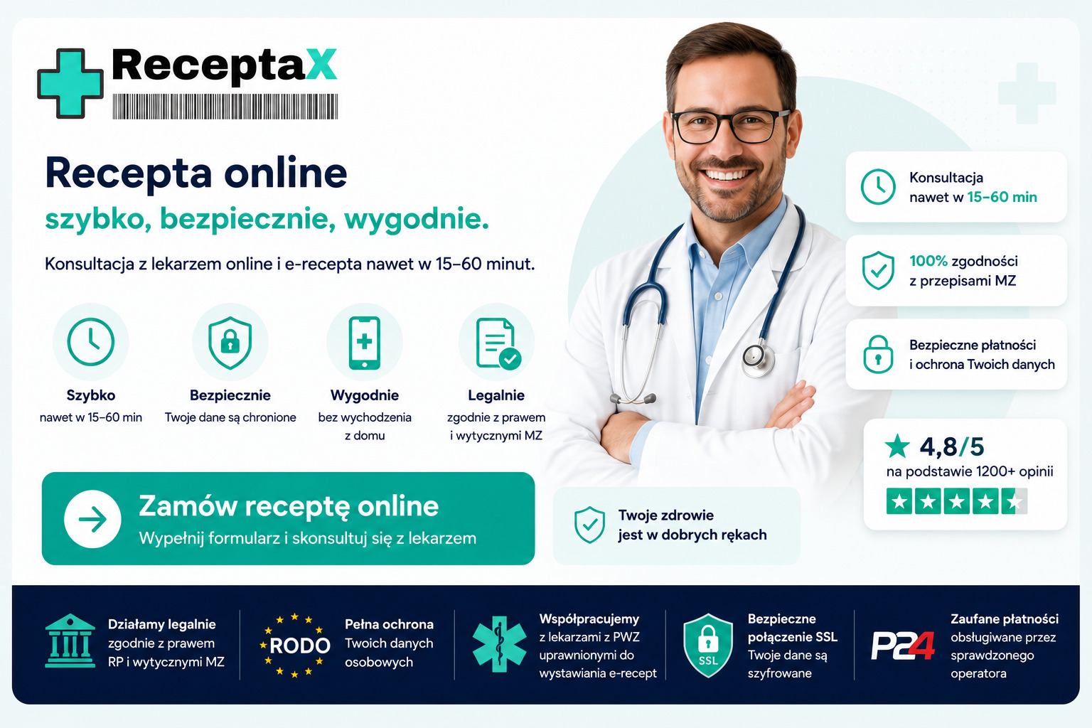 Banner zachęcający do rozpoczęcia e-konsultacji w ReceptaX — szybka teleporada z lekarzem zakończona wystawieniem e-recepty online