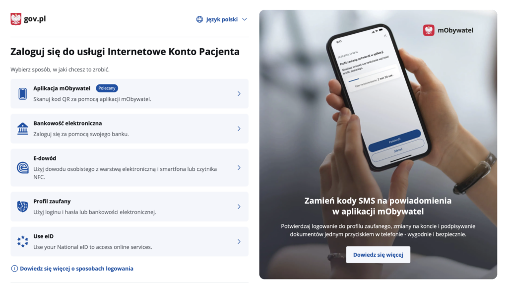 Ekran wyboru metody logowania do IKP przez mObywatel, Profil Zaufany i bankowość elektroniczną