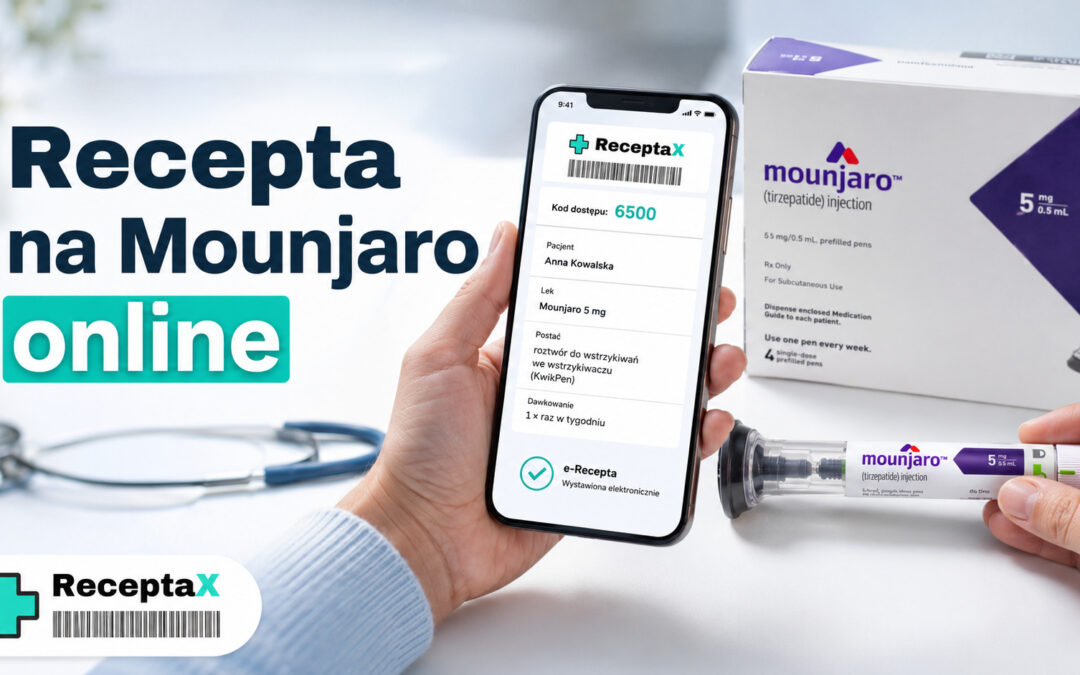 Recepta na Mounjaro online – wstrzykiwacz tyrzepatydu i smartfon z e-receptą ReceptaX