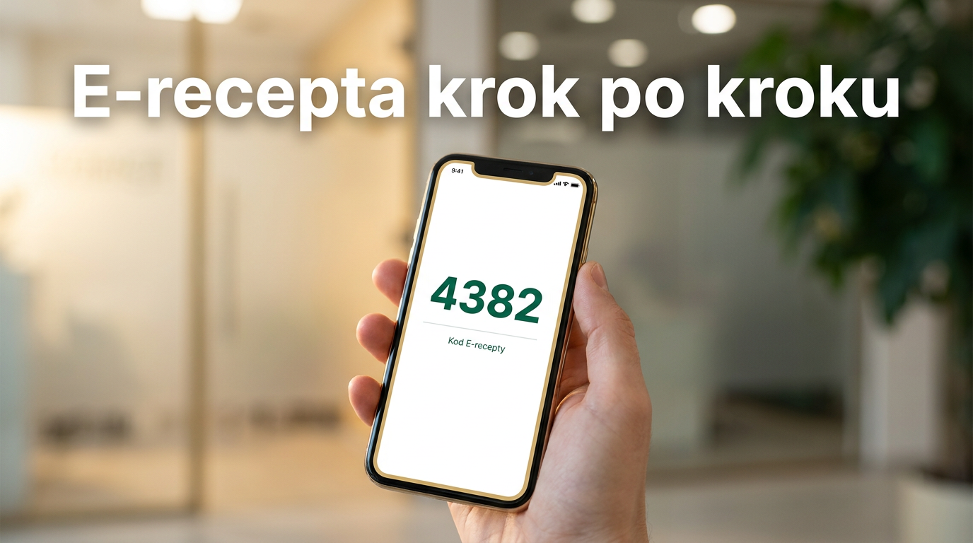 E-recepta krok po kroku — dłoń trzymająca telefon z kodem e-recepty