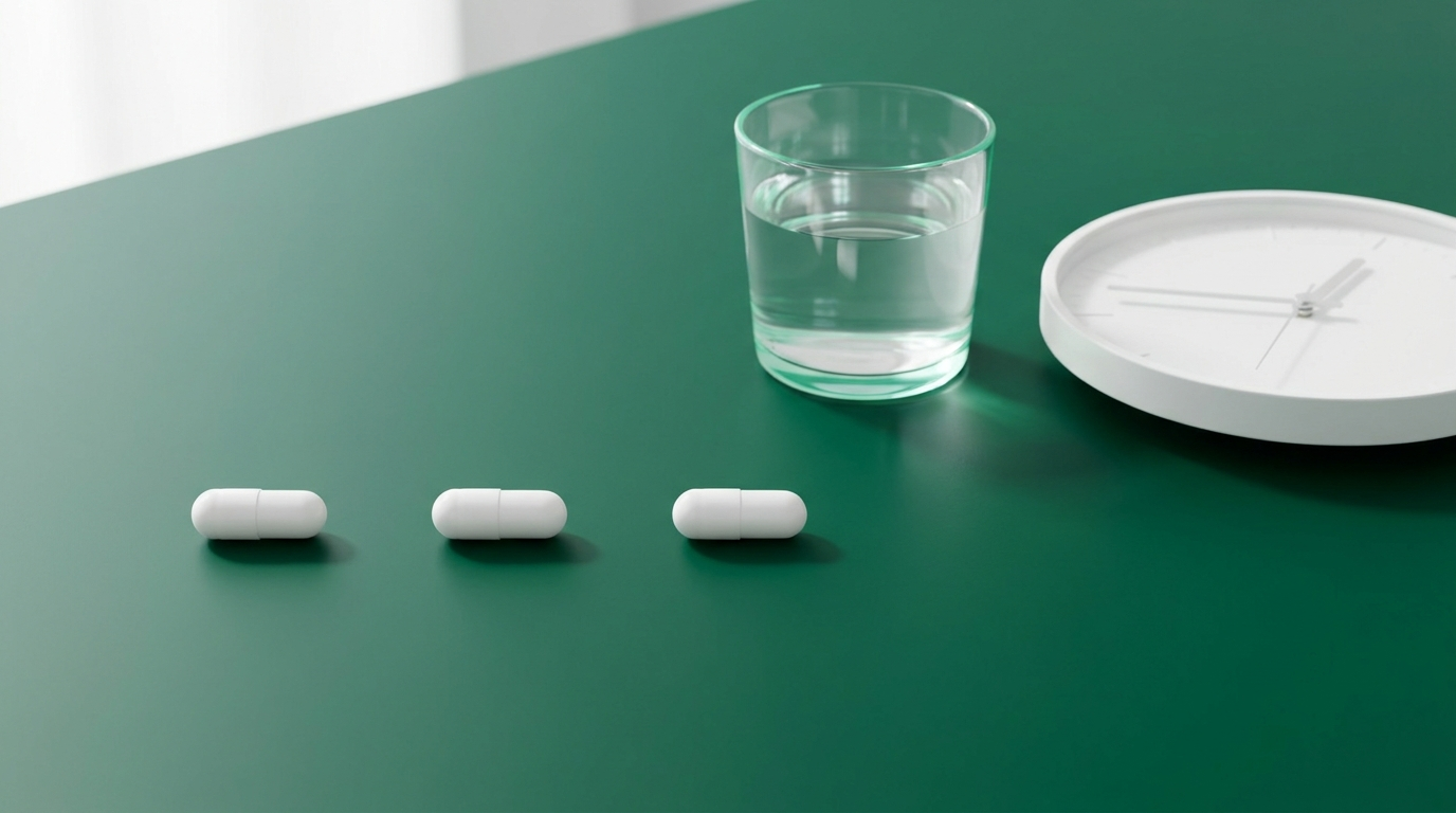 Trzy kapsułki rozłożone w równych odstępach obok szklanki wody i zegara — ketoprofen przyjmuje się co 8 godzin