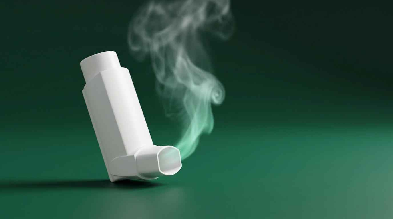 Neutralny biały inhalator na ciemnozielonym tle z delikatną smugą mgły