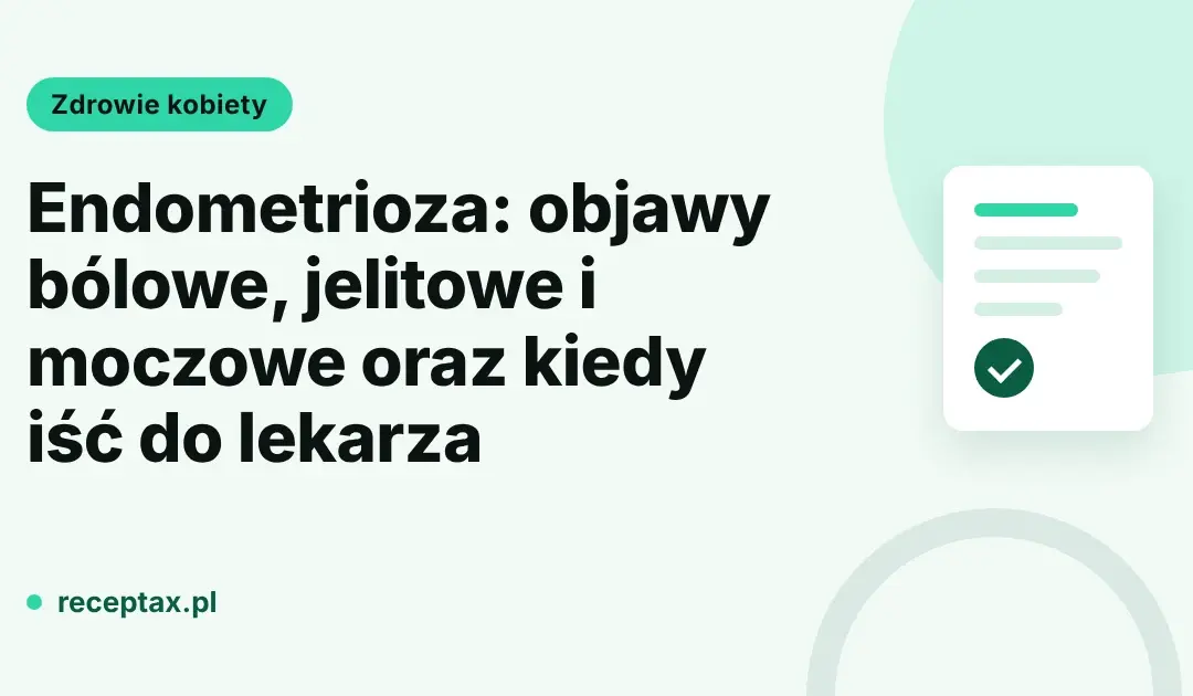 Karta tytułowa artykułu w zielonych barwach: endometrioza objawy bólowe, jelitowe i moczowe oraz kiedy iść do lekarza.