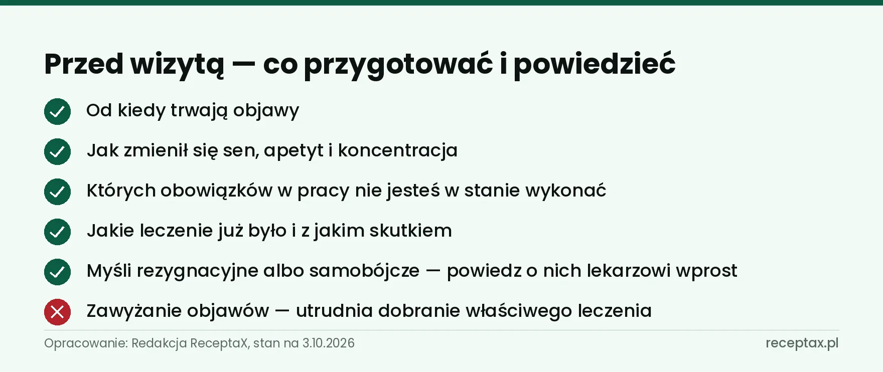 Lista pięciu rzeczy do zapisania przed wizytą i ostrzeżenie przed zawyżaniem objawów